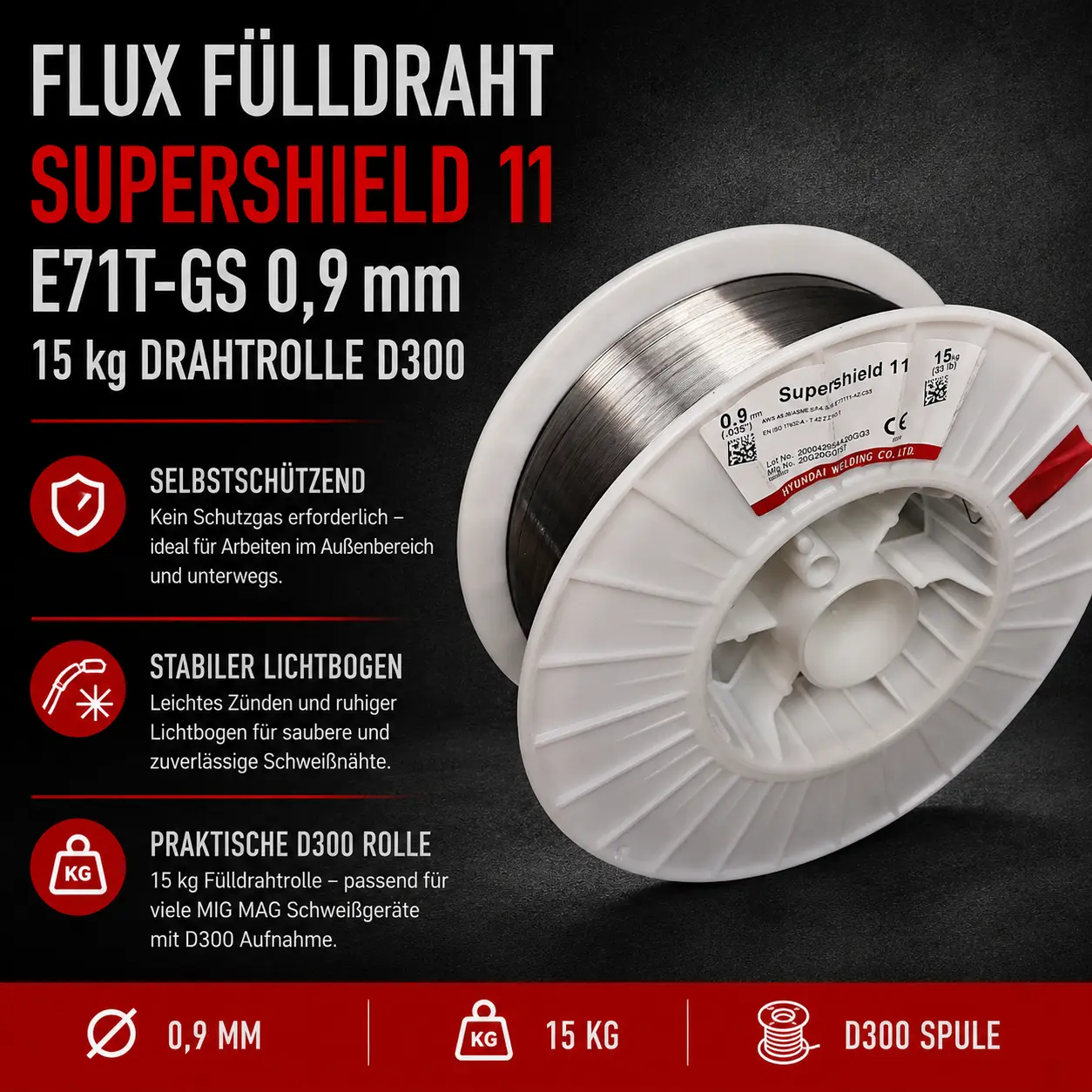 Fülldraht FLUX E71T-GS Supershield 11 – 0,9 mm | 15 kg Drahtrolle D300 | MIG/MAG Schweißdraht ohne Schutzgas
