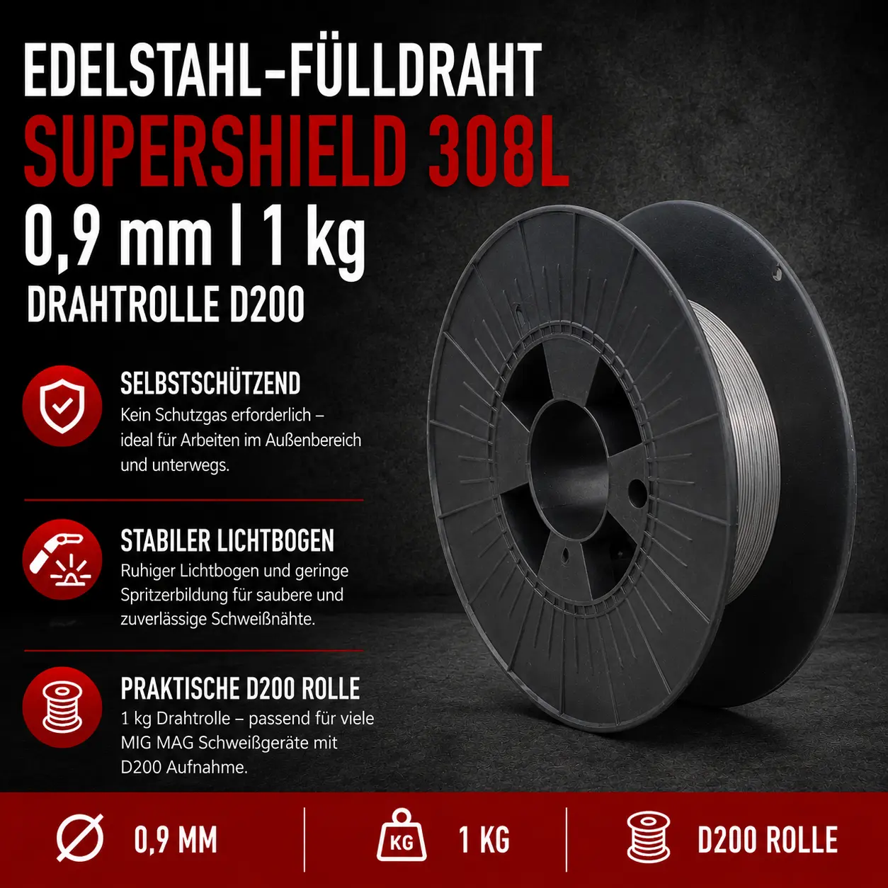 Edelstahlfülldraht Supershield 308L 0,9 mm – 1 kg D200 Drahtrolle | Selbstschützender MIG MAG Schweißdraht ohne Schutzgas