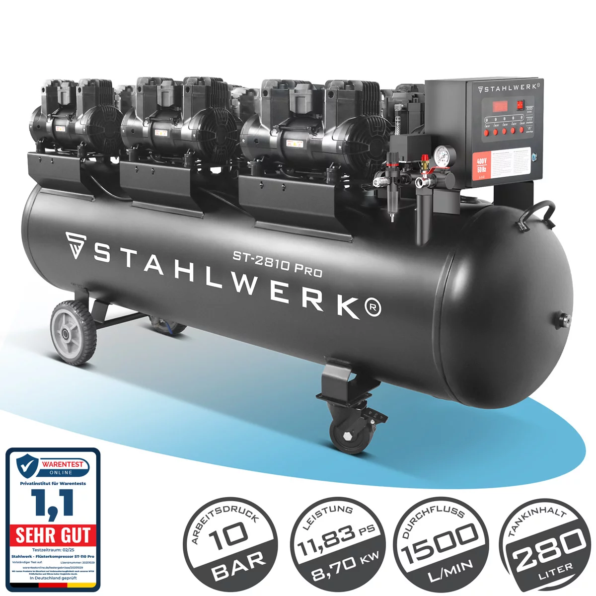 STAHLWERK Kompressor ST-2810 Pro mit 10 bar | 11,83 PS | 8,70 kW | 1500 l/min | 280 L Tank ölfreier Druckluft-Kompressor | Kolben-Kompressor | Silent-Kompressor | Flüster-Kompressor mit Brushless-Motoren