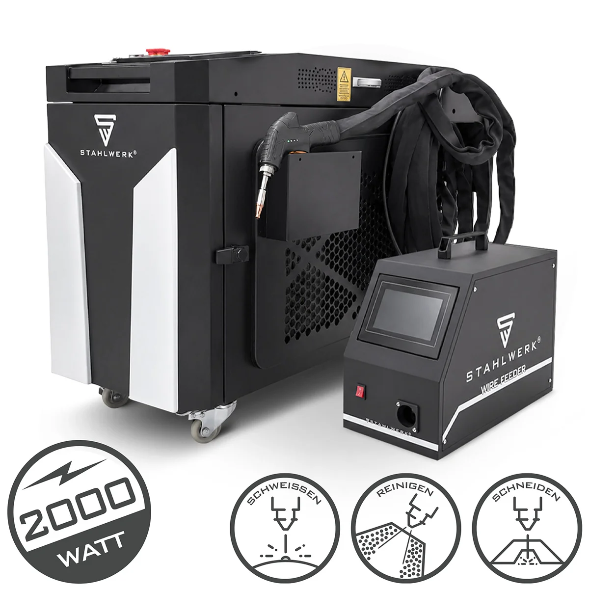STAHLWERK WCD 2000 Laser Pro | 3-in-1 Laser-Schweißgerät 2000 W | Professionelle Laser-Schweißanlage zum präzisen Schweißen, Schneiden, Reinigen und Entrosten | CW-Faserlaser | Laserklasse 4 | 230 V