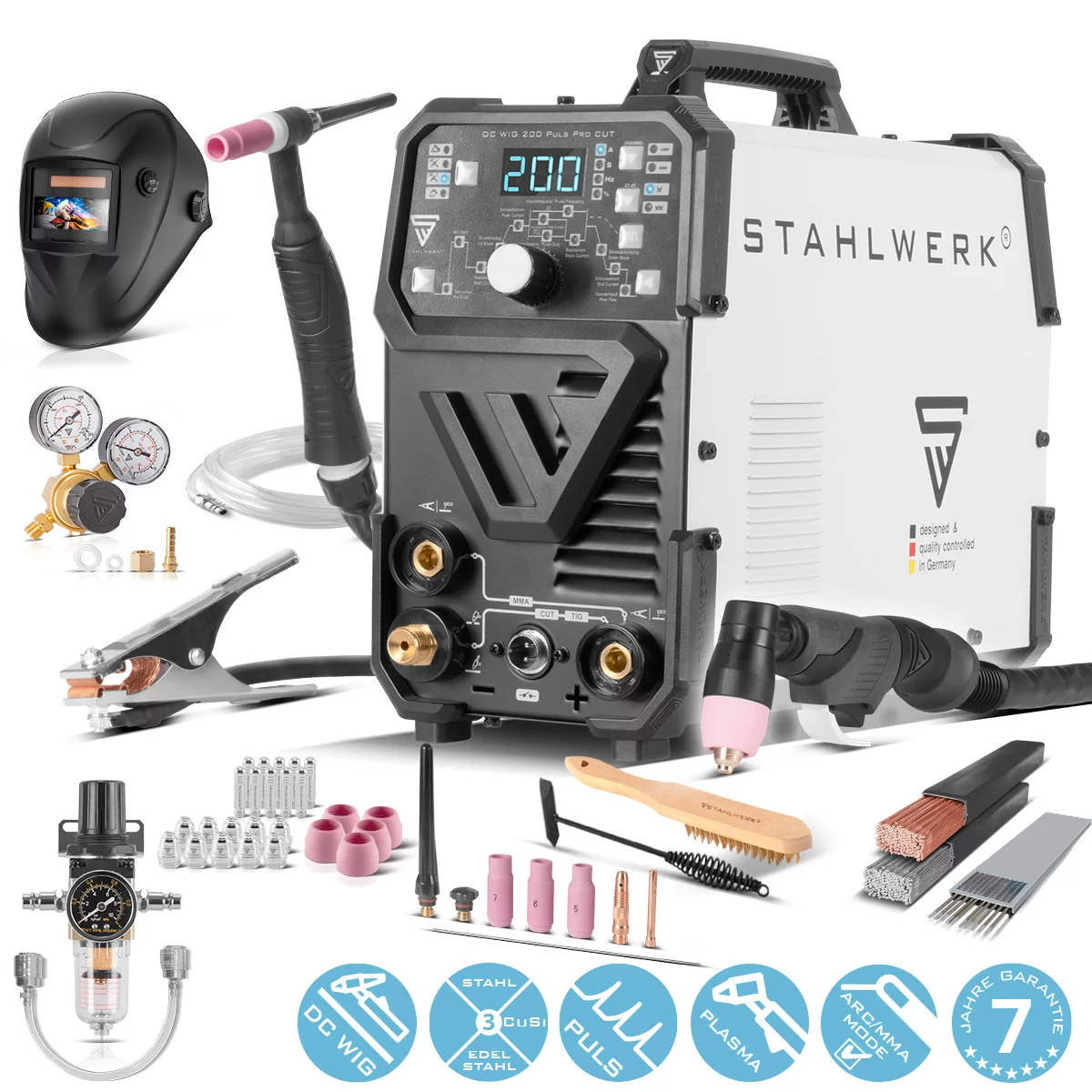 STAHLWERK 4-in-1 Kombi-Schweißgerät DC WIG 200 Puls Pro CUT Vollausstattung, digitaler 200 A IGBT Inverter mit DC WIG | MMA | Puls-Funktion und integriertem 40 A Plasmaschneider
