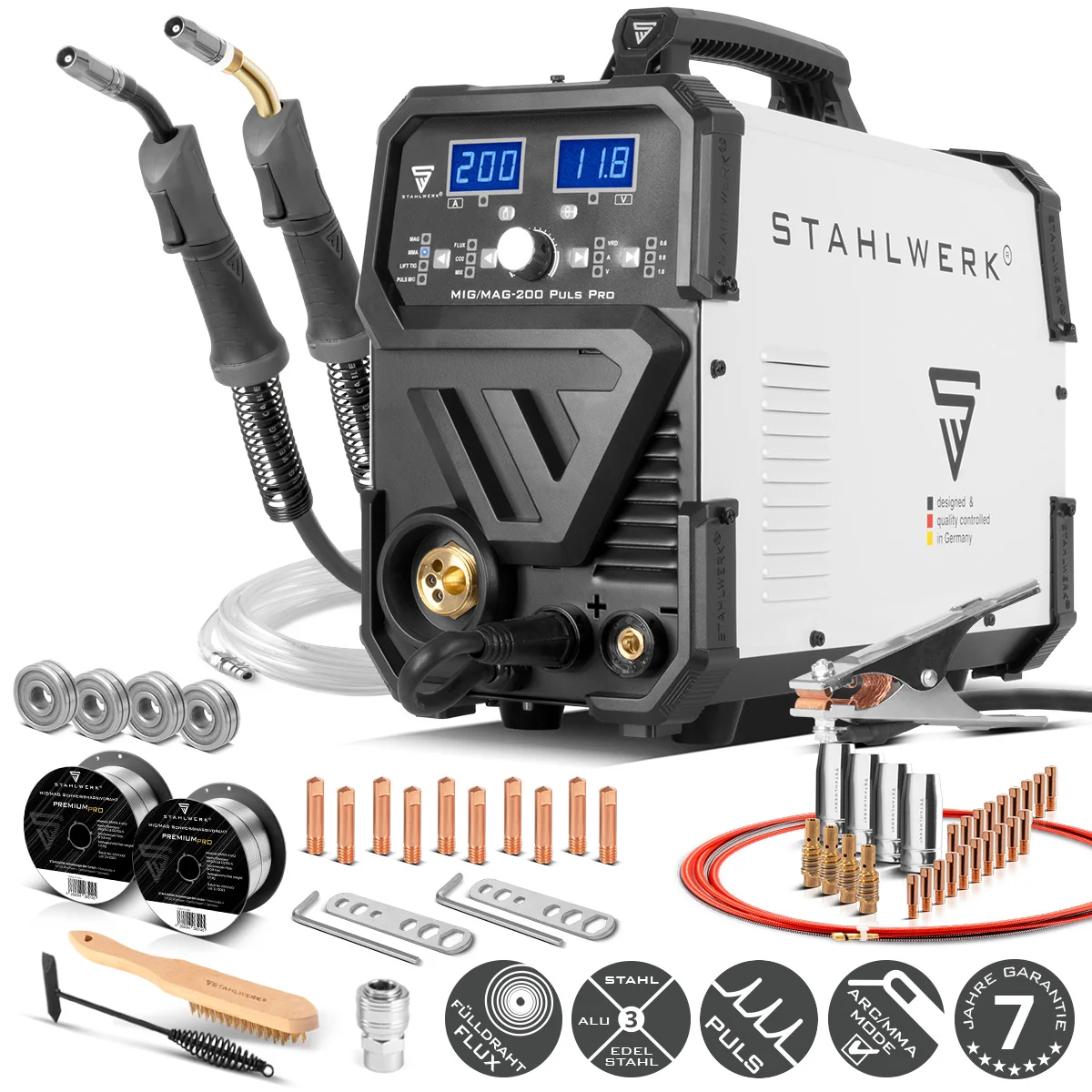 STAHLWERK MIG MAG 200 Puls Pro IGBT Schutzgas Schweißgerät Vollsynergisches 5 in 1 Kombigerät mit echten 200 Ampere inklusive AK25/MB25 Alu-Schweißbrenner, Verschleißteile-Set für Aluminium-Schweißen