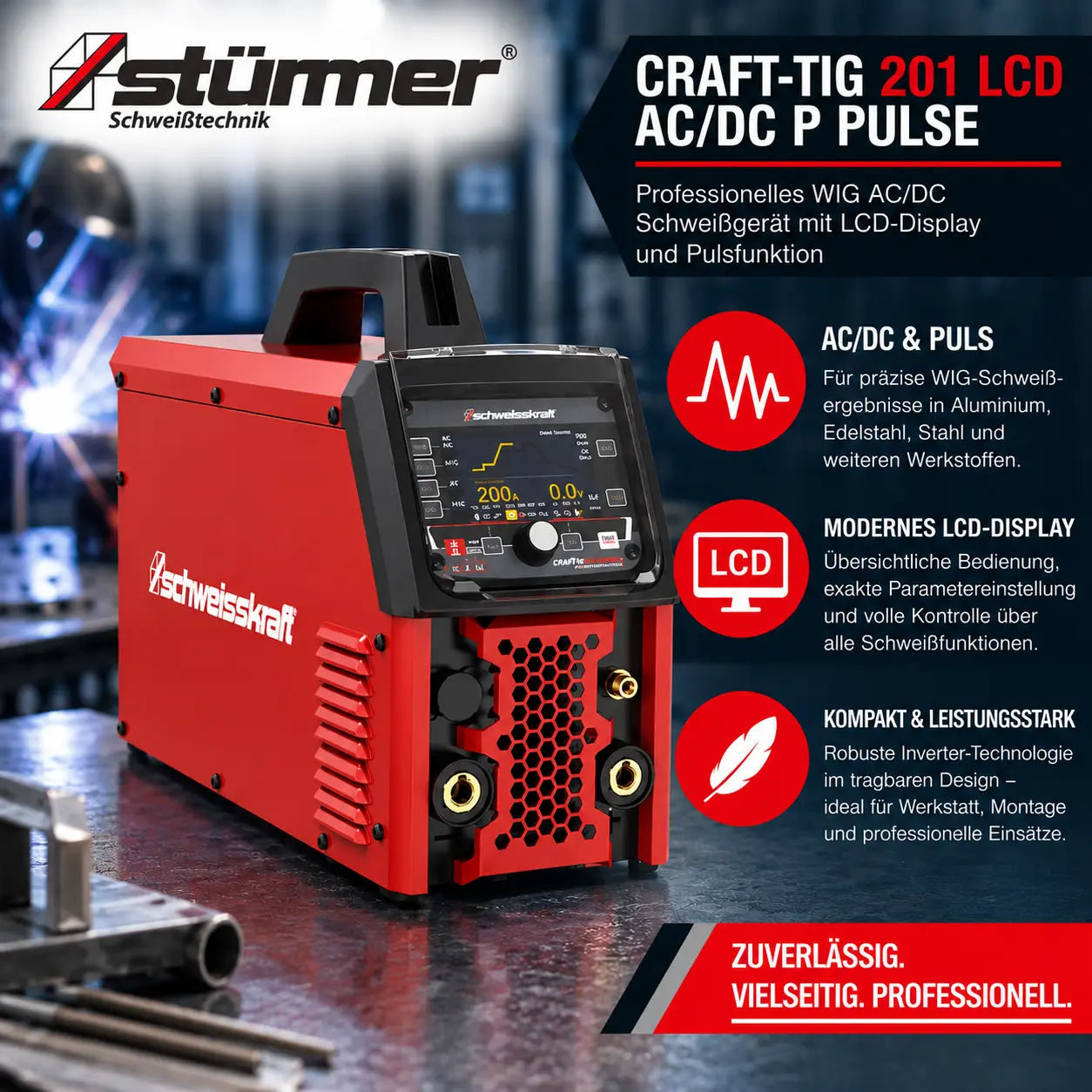 CRAFT-TIG 201 LCD AC/DC P PULSE – Professionelles WIG AC/DC Schweißgerät mit LCD-Display und Pulsfunktion