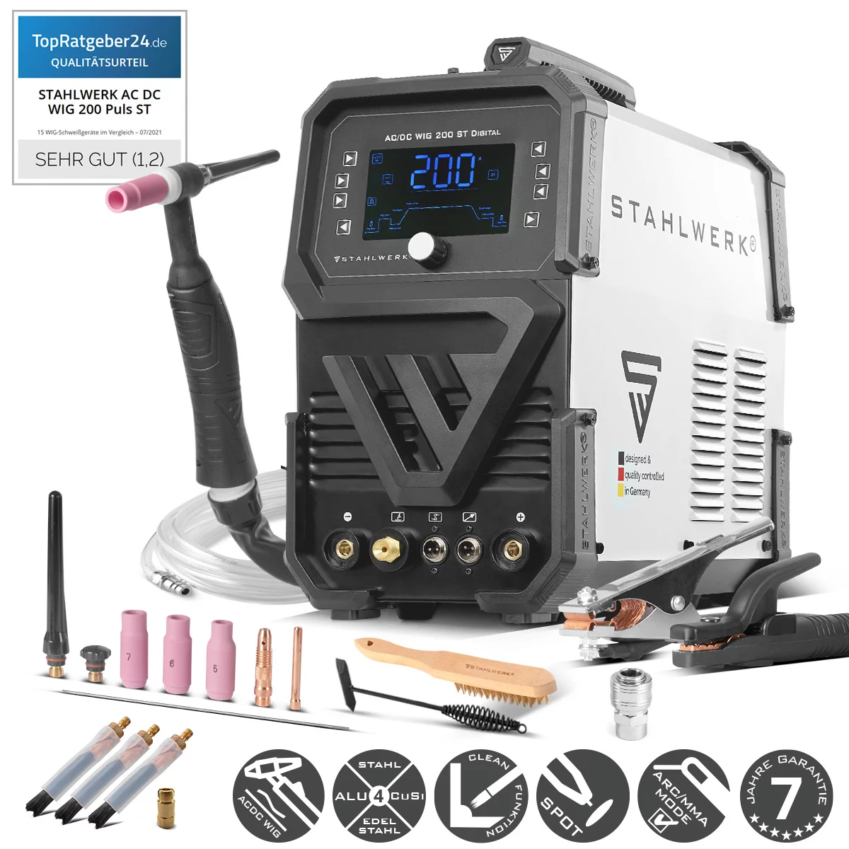 STAHLWERK Schweißgerät AC/DC WIG 200 ST Digital | 3-in1 Kombi-Schweißgerät | Spot-Funktion | Integrierte Clean-Funktion | Alu-geeigneter WIG/MMA Inverter mit 200 A | Fernregelbar | Digitales Bedienfeld