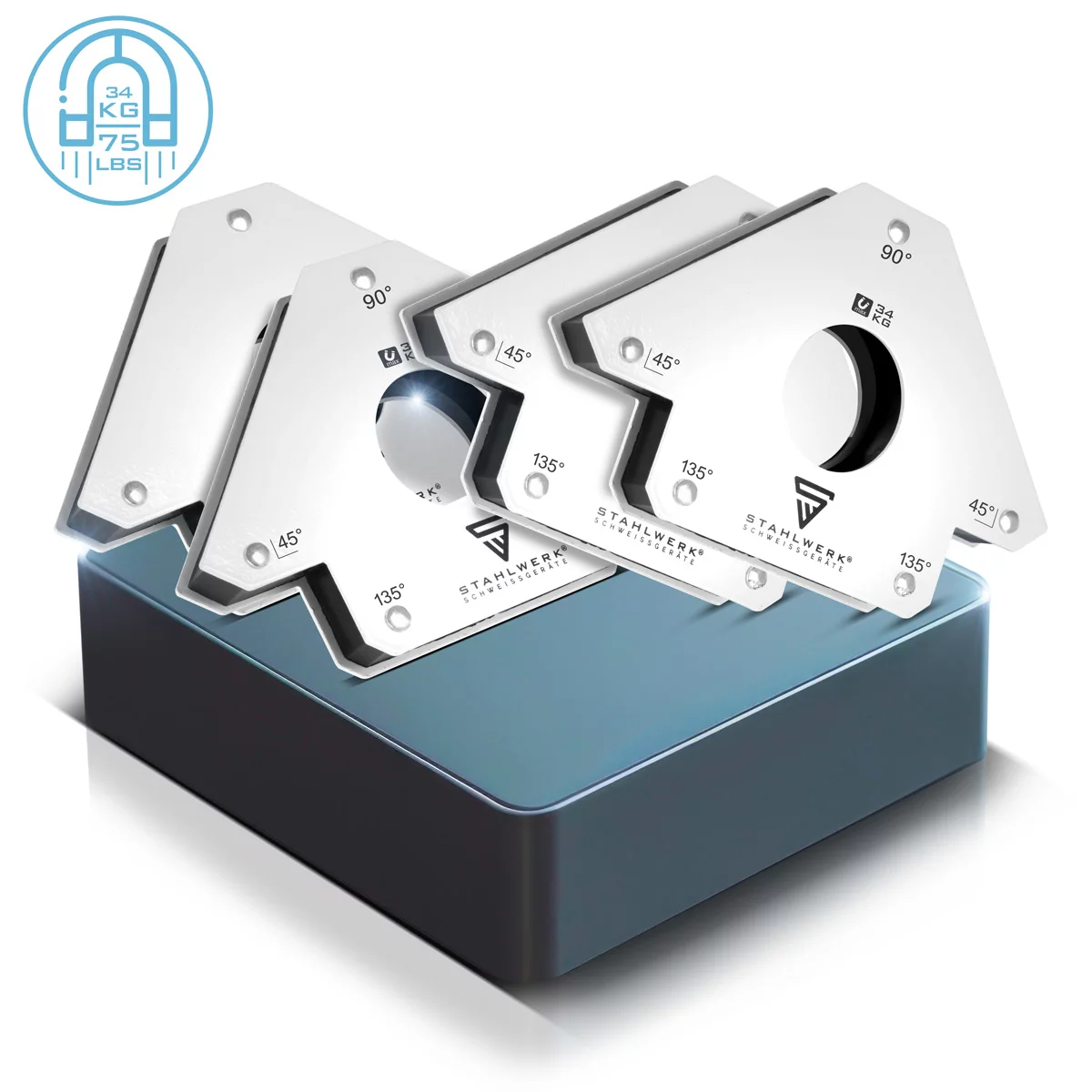 STAHLWERK 4 × Magnet-Schweißwinkel Magnetwinkel Schweißmagnet 45° x 90° x 135°, 34 kg / 75 lbs