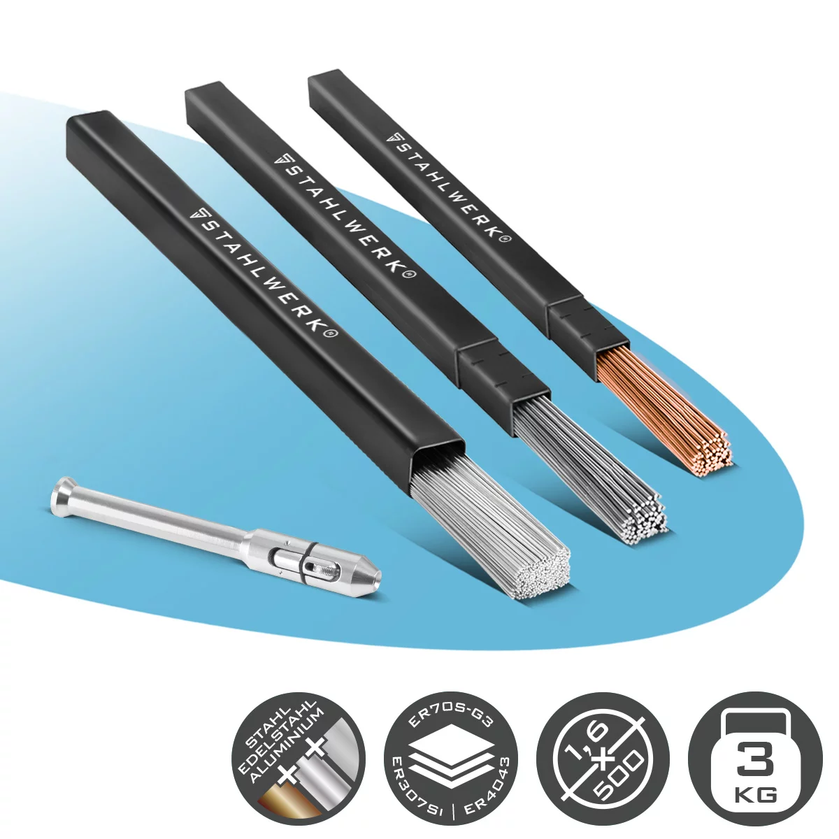STAHLWERK WIG Schweißstäbe Set mit TIG-Pen | ER70S-G3 Stahl + ER307Si Edelstahl + ER4043Si5 Aluminium | Ø 1,6 mm x 500 mm | je 1 kg Pack | Schweißdrahthalter 0,8–3,2 mm und Transportboxen inklusive
