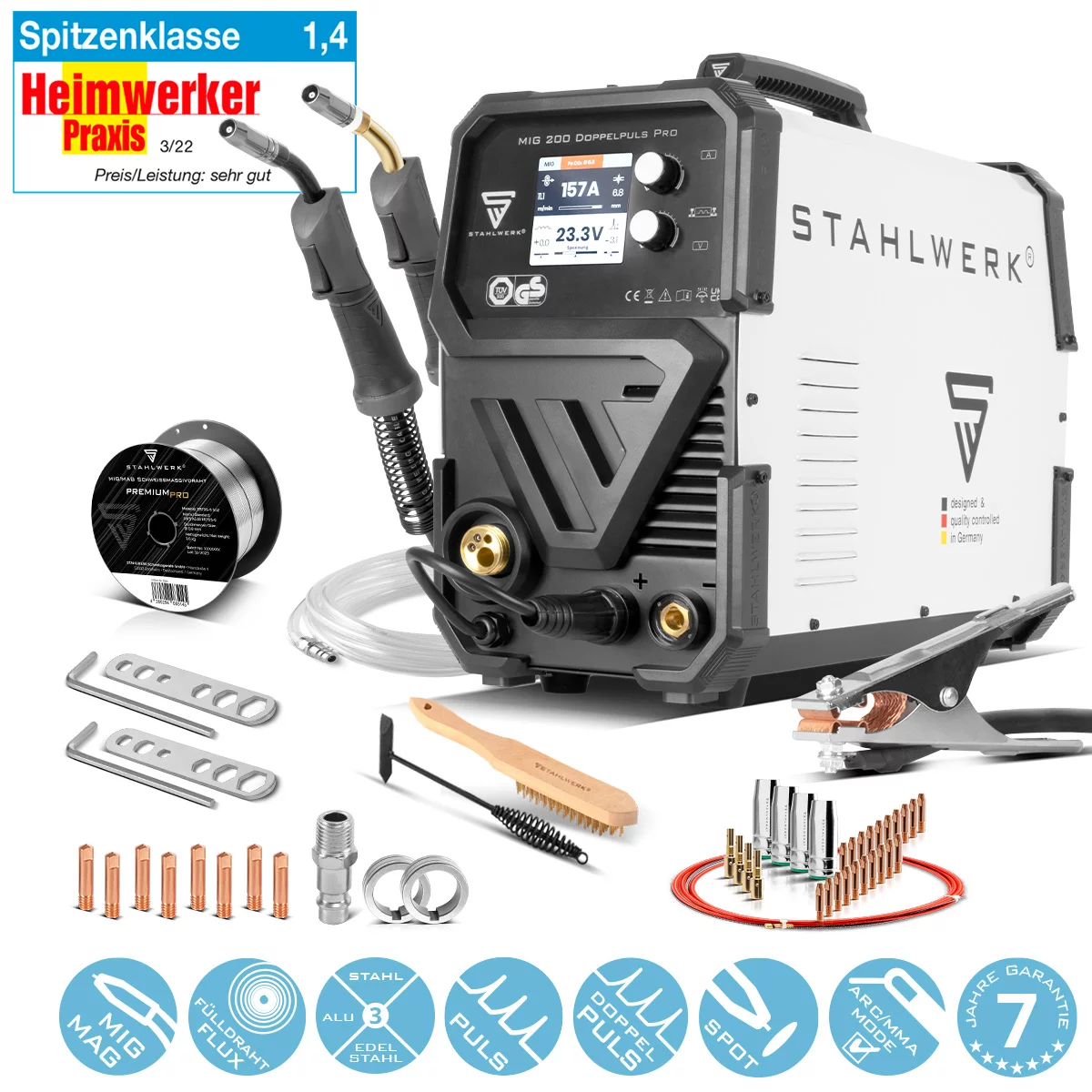 STAHLWERK MIG MAG 200 Doppelpuls Pro leistungsstarkes Schweißgerät im Set mit MIG MAG-Schweißbrenner AK25/MB25 ALU und Verschleißteile Set für Aluminium