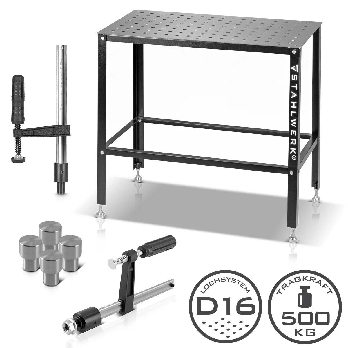 STAHLWERK Schweißtisch-Set | Robuster Schweiß- und Montagetisch mit D16 Lochsystem | 3 mm Arbeitsplatte | DIY-Bausatz im Set mit Fixier-, Schraub- und Spannzwingen | 4 Spann- und Zentrierbolzen