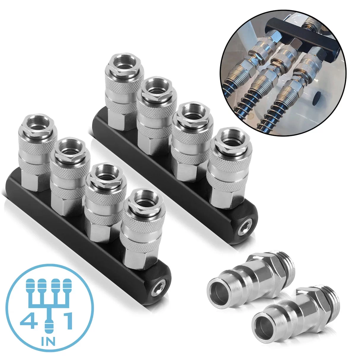 STAHLWERK 2 x 4-fach Druckluft-Verteiler bis 35 bar mit Schnellkupplung 1/4 Zoll