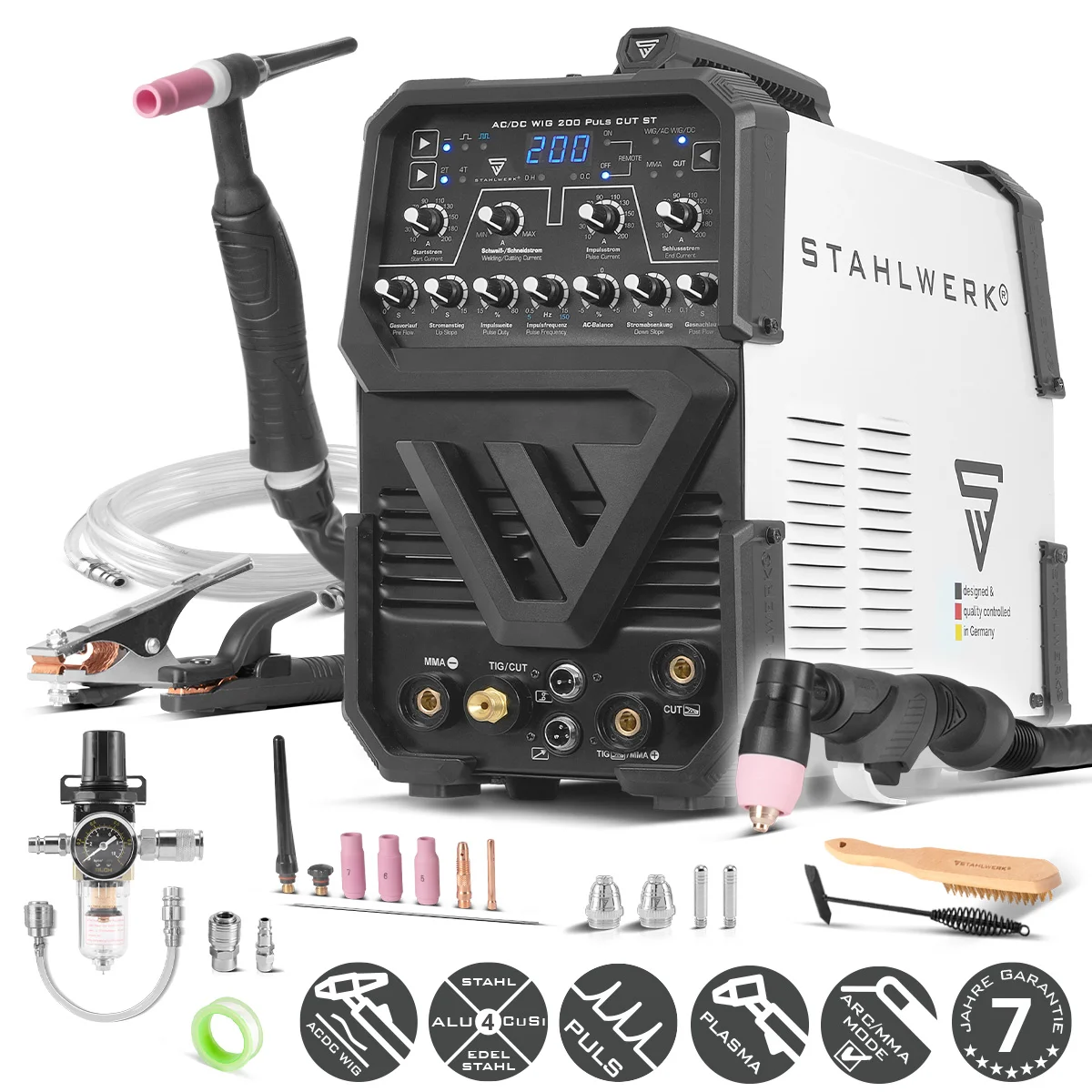 STAHLWERK Schweißgerät AC/DC WIG 200 Puls CUT ST mit 200 A WIG & MMA, Alu & Dünnblech geeignet, Kombigerät mit 45 A CUT-Funktion