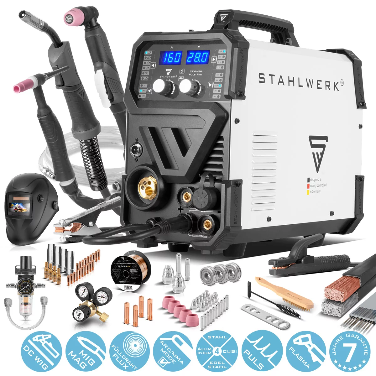 STAHLWERK Schweißgerät CTM-416 Puls Pro Vollausstattung 6-in-1 Schutzgas-Schweißgerät | Inverter mit 160 A, Puls-Funktion für Aluminium und 40 A Plasmaschneider CUT | WIG | MIG MAG | PULS | MMA | FLUX