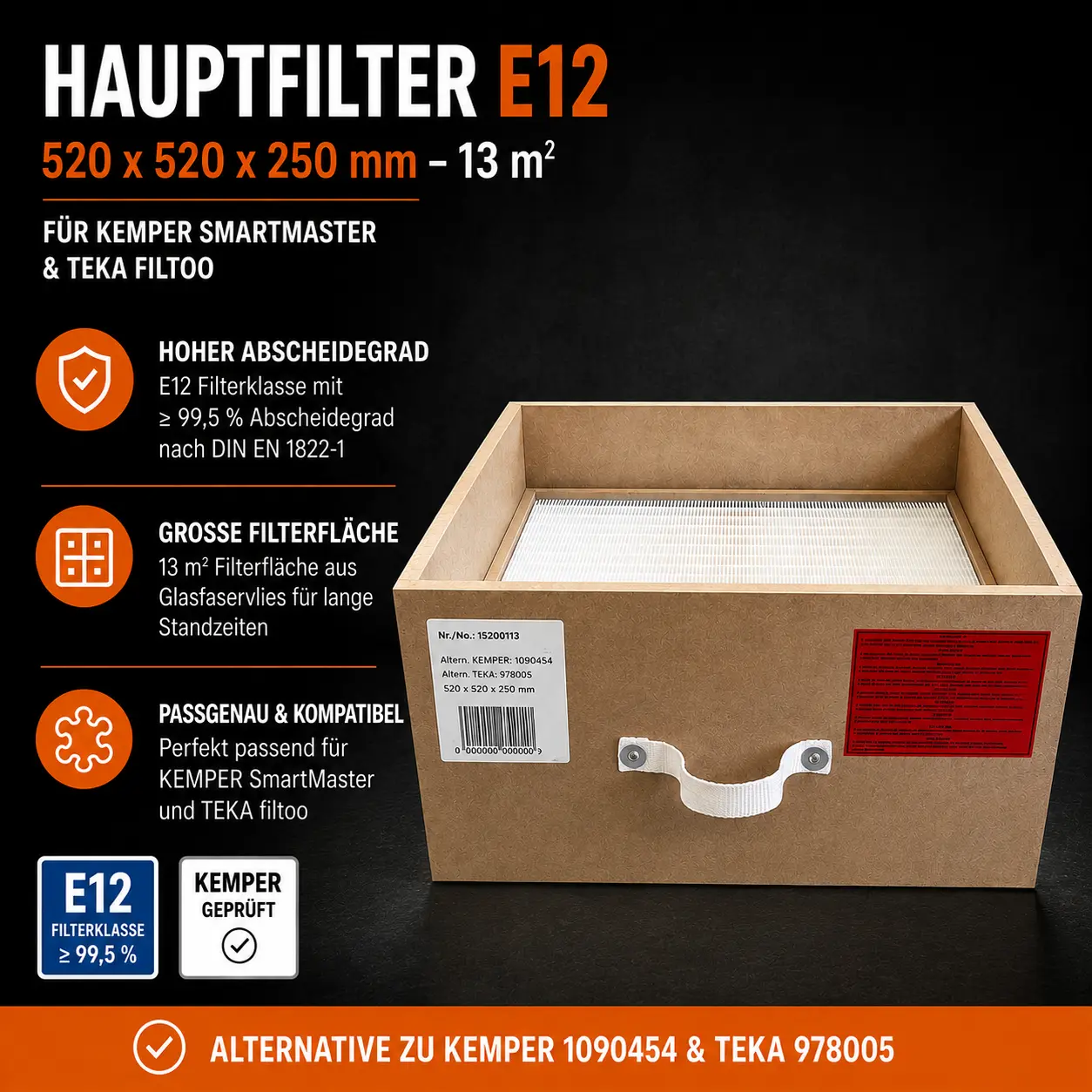 Hauptfilter E12 – 520 × 520 × 250 mm – 13 m² für KEMPER SmartMaster & TEKA filtoo