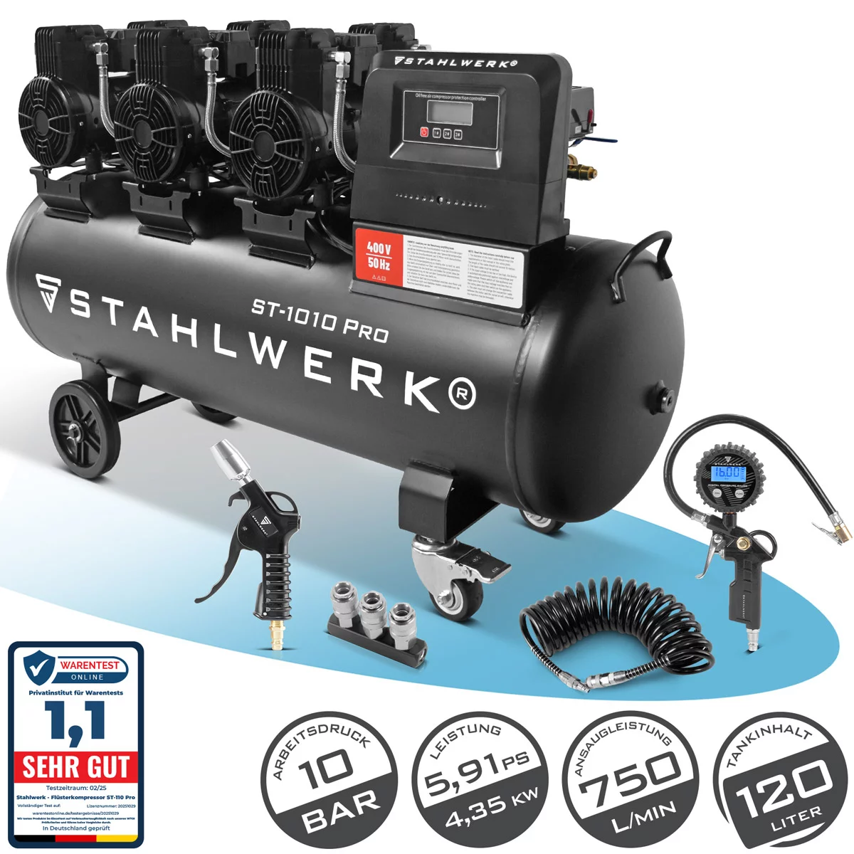 STAHLWERK Kompressor ST-1010 Pro Vollausstattung | 10 bar | 5,91 PS | 4,35 kW | 750 l/min | 120 l Tank | Ölfrei | Brushless-Motor| 5 Meter Schlauch | Reifenfüller | 3-fach Verteiler | Ausblaspistole
