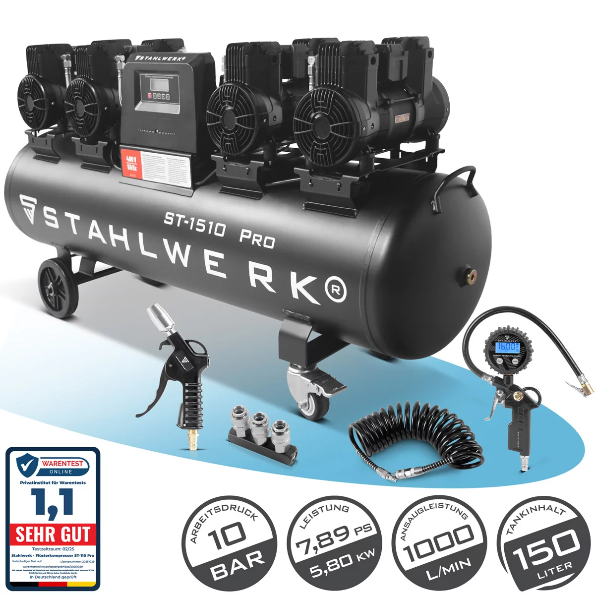 STAHLWERK Kompressor ST-1510 Pro Vollausstattung | 10 bar | 7,89 PS | 5,8 kW | 1000 l/min | 150 l Tank | Ölfrei | Brushless-Motor| 5 Meter Schlauch | Reifenfüller | 3-fach Verteiler | Ausblaspistole
