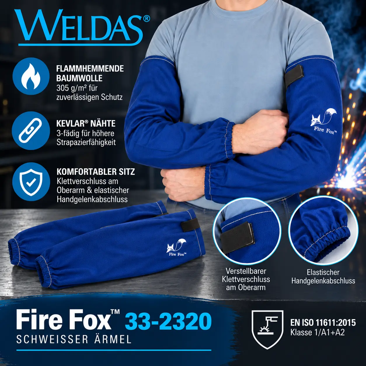 WELDAS Fire Fox™ 33-2320 – flammhemmende Schweißerärmel aus Baumwolle, blau