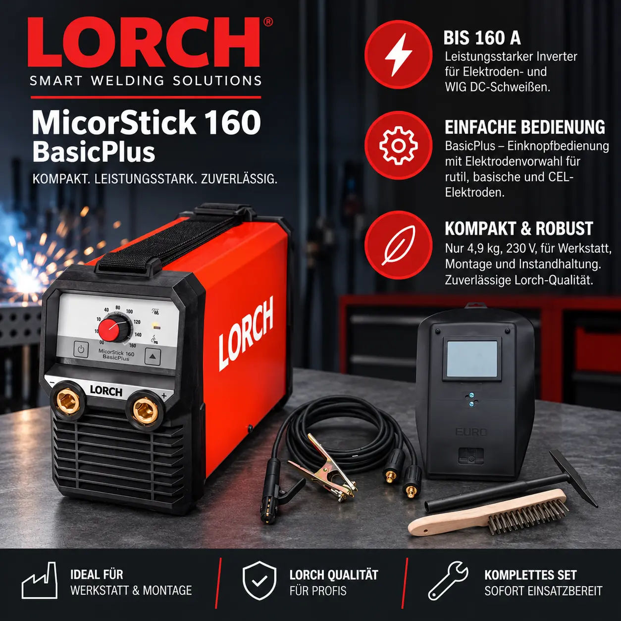 Lorch MicorStick 160 BasicPlus für die Werkstatt – kompakter Elektroden-Inverter bis 160 A