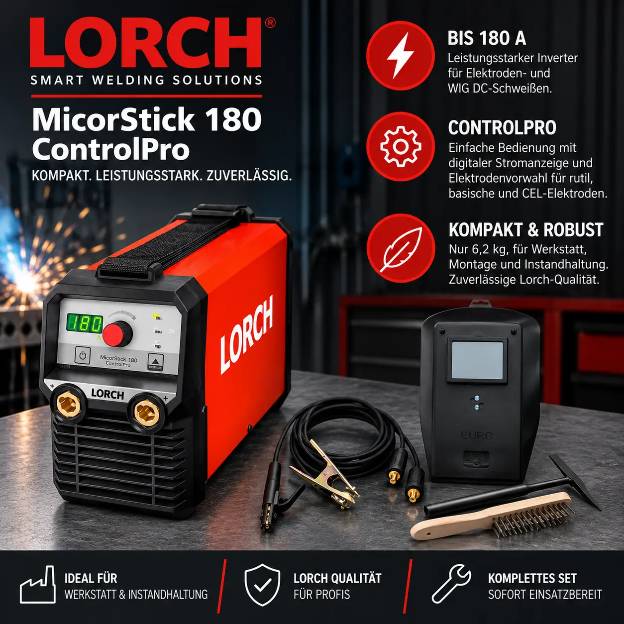 Lorch MicorStick 180 ControlPro für die Werkstatt – professioneller Elektroden-Inverter bis 180 A