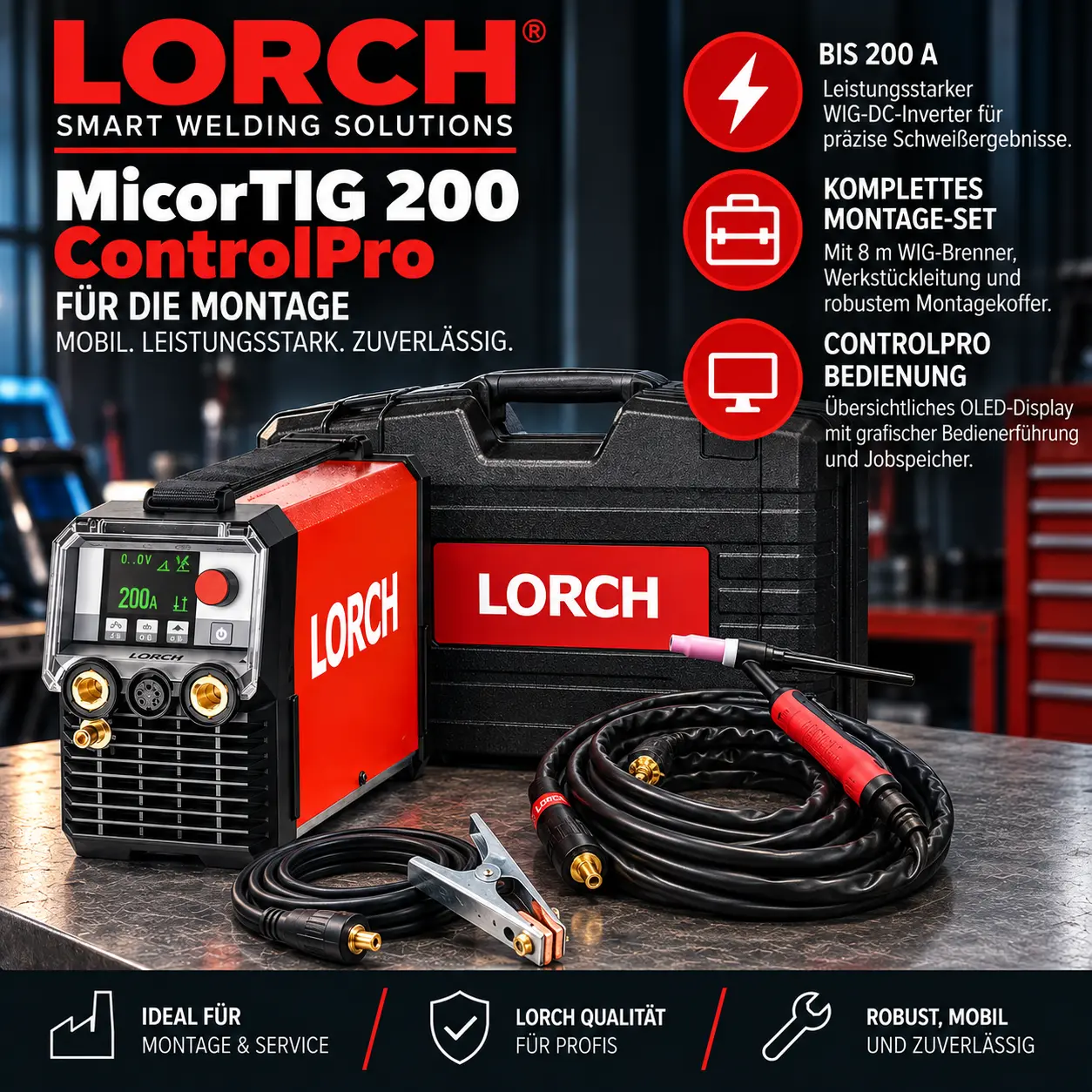 Lorch MicorTIG 200 ControlPro für die Montage – professioneller WIG-DC-Inverter bis 200 A mit 8-m-Brenner & Montagekoffer