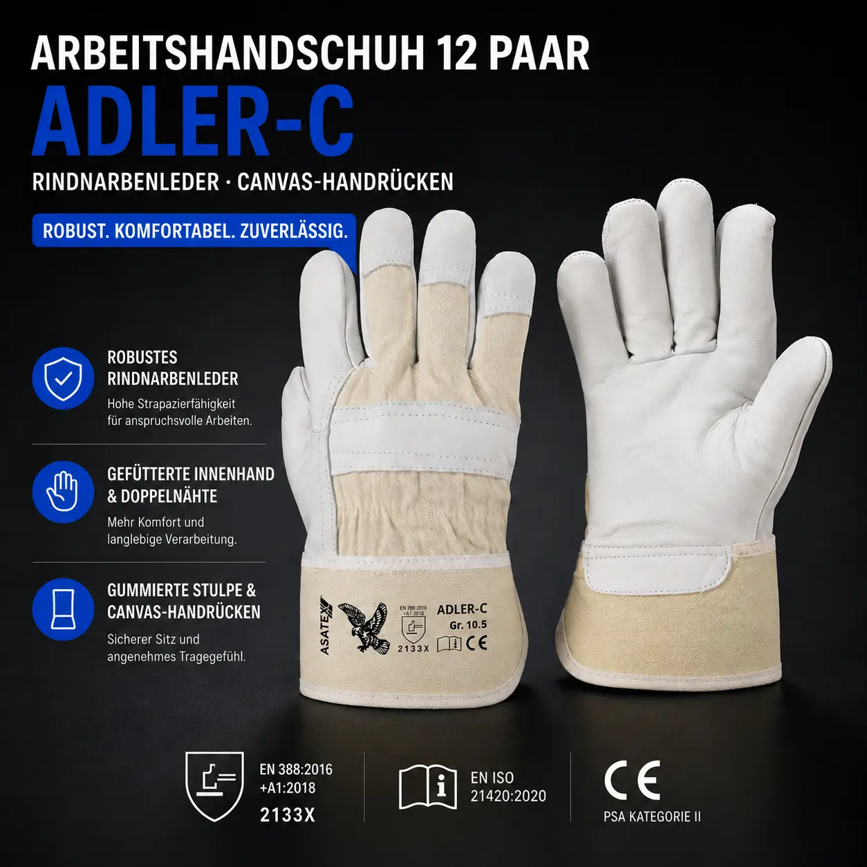 Arbeitshandschuh ADLER-C – Rindnarbenleder mit Canvas-Handrücken & gummierter Stulpe